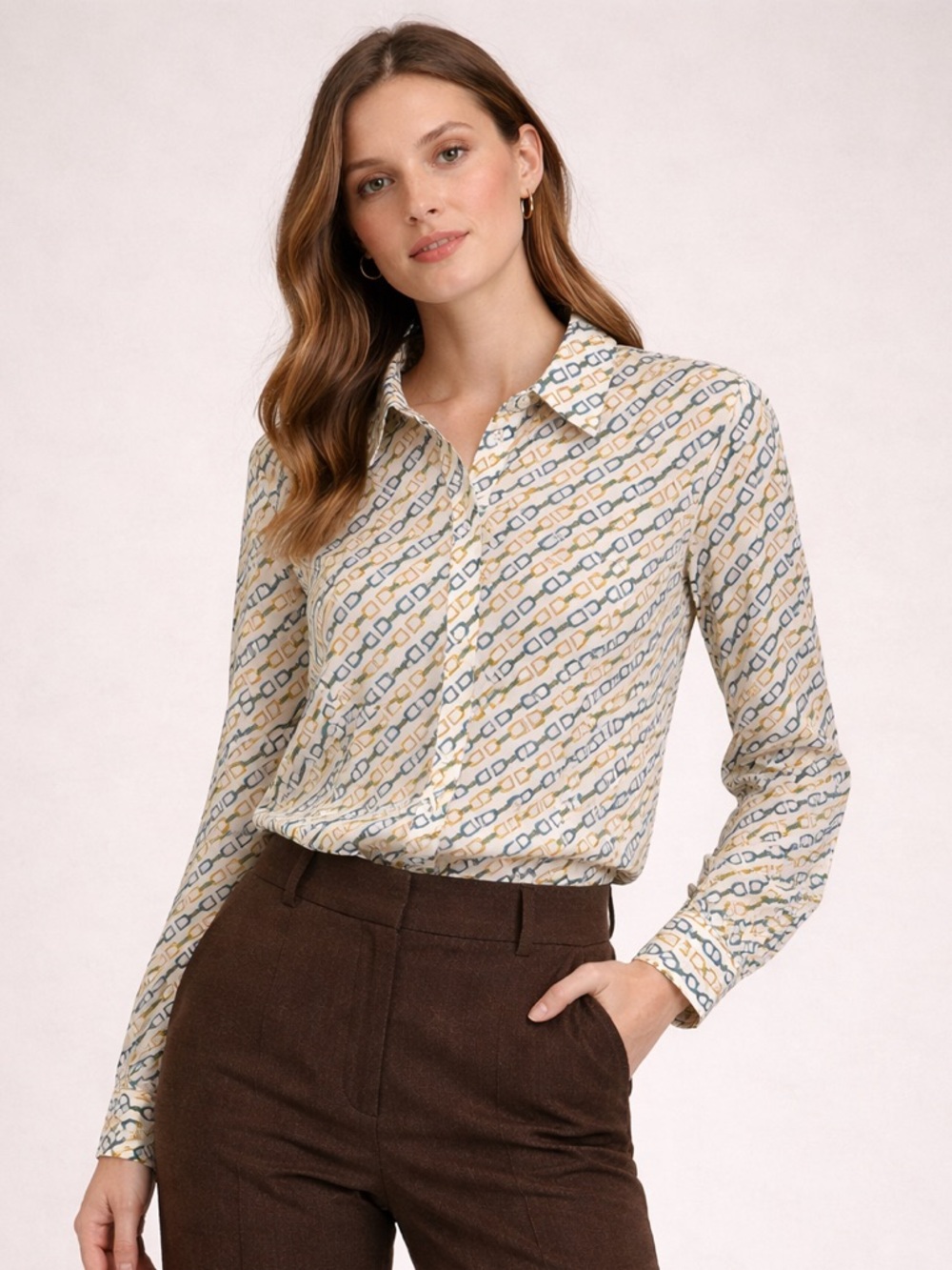 Talbots Cream and Blue Geometric Blouse